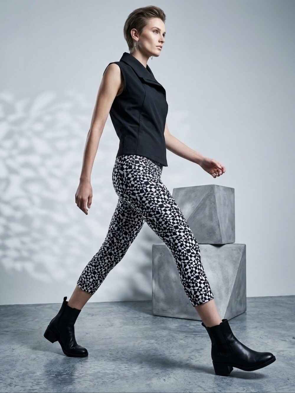 No Boundaries Black & White Geometric Capri Leggings